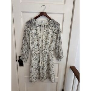 Barneys New York Women's Ivory Floral Dress Long Sleeve Ruffle Sheer Size Small